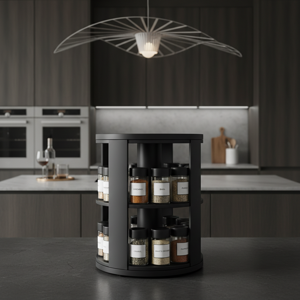360 Degree Rotating Kitchen Organizer Rack - Modern Dark Style