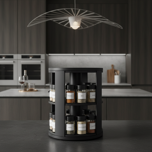 360 Degree Rotating Kitchen Organizer Rack - Modern Dark Style